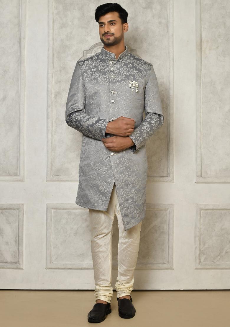 Grey Embroidered Jacquard Indo Western Sherwani Set For Men