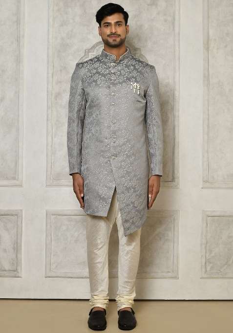Grey Embroidered Jacquard Indo Western Sherwani Set For Men