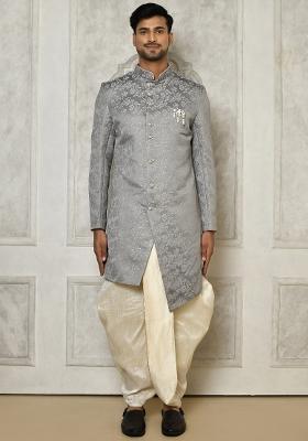 Grey Embroidered Jacquard Indo Western Sherwani Set For Men