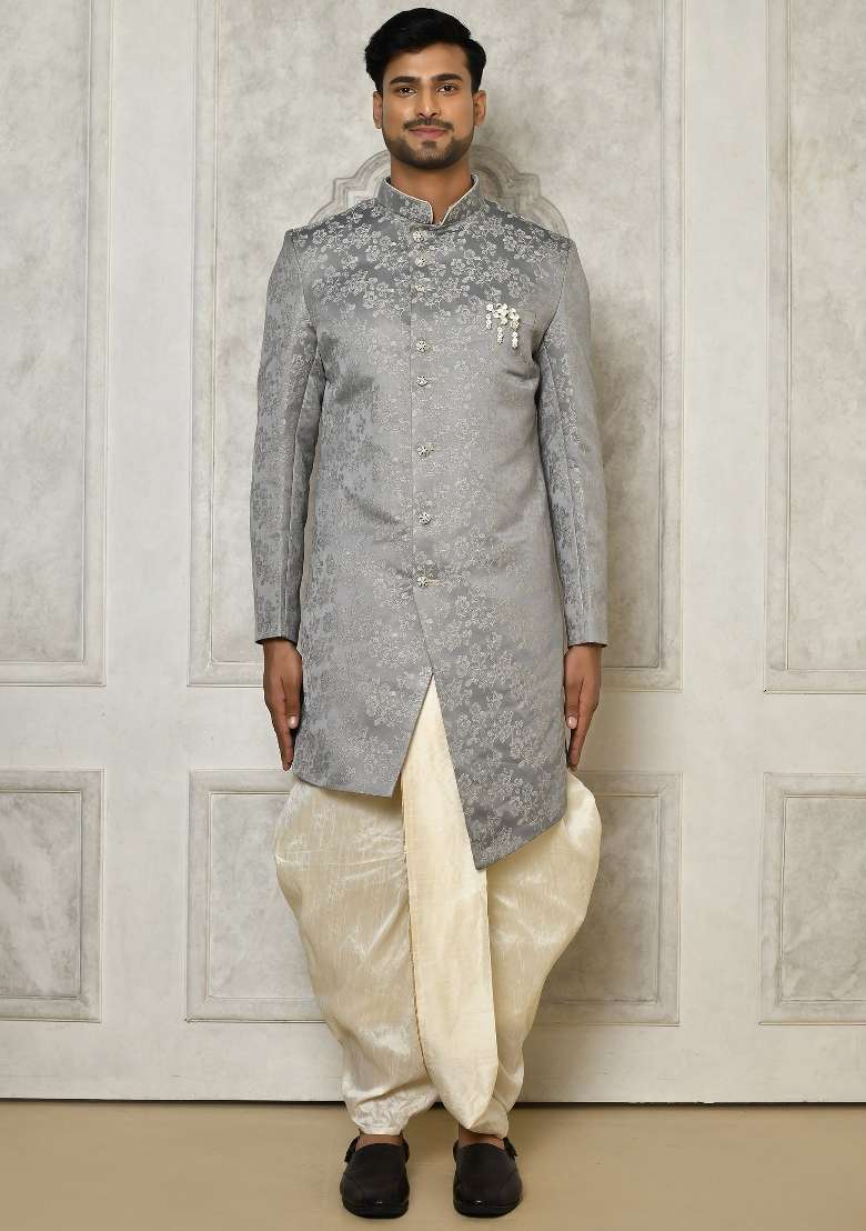 Grey Embroidered Jacquard Indo Western Sherwani Set For Men - Indya