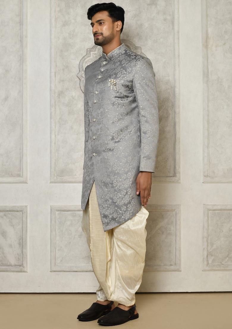 Grey Embroidered Jacquard Indo Western Sherwani Set For Men