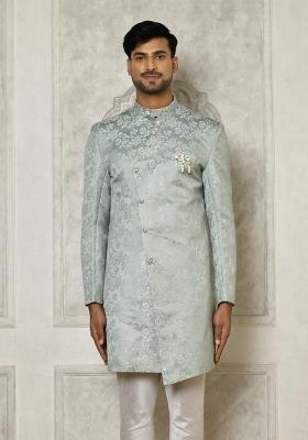 Grey Embroidered Jacquard Indo Western Sherwani For Men
