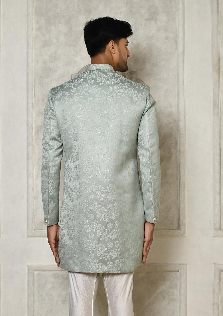Grey Embroidered Jacquard Indo Western Sherwani For Men