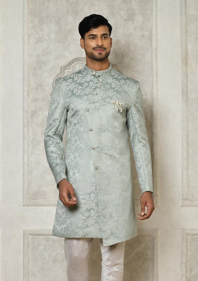 Grey Embroidered Jacquard Indo Western Sherwani For Men