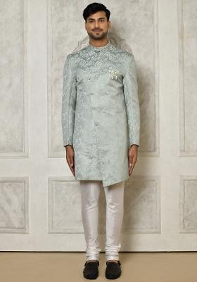 Grey Embroidered Jacquard Indo Western Sherwani Set For Men