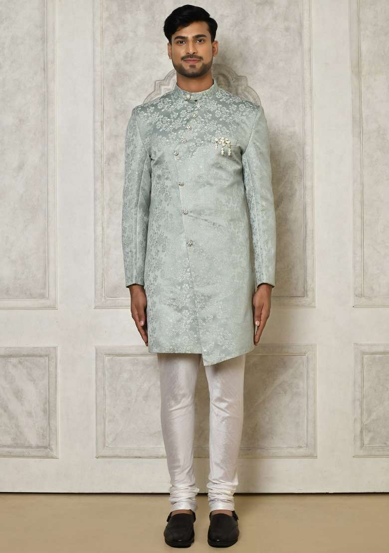 Grey Embroidered Jacquard Indo Western Sherwani Set For Men - Indya
