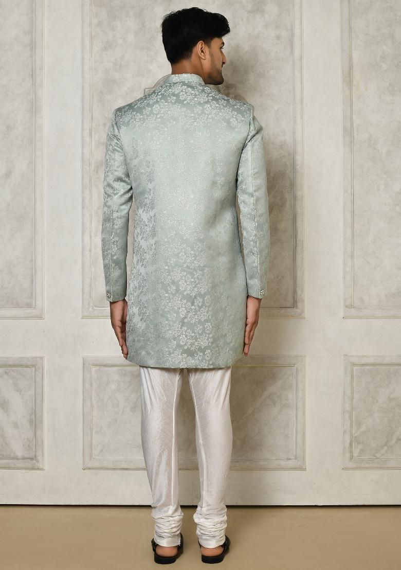 Grey Embroidered Jacquard Indo Western Sherwani Set For Men