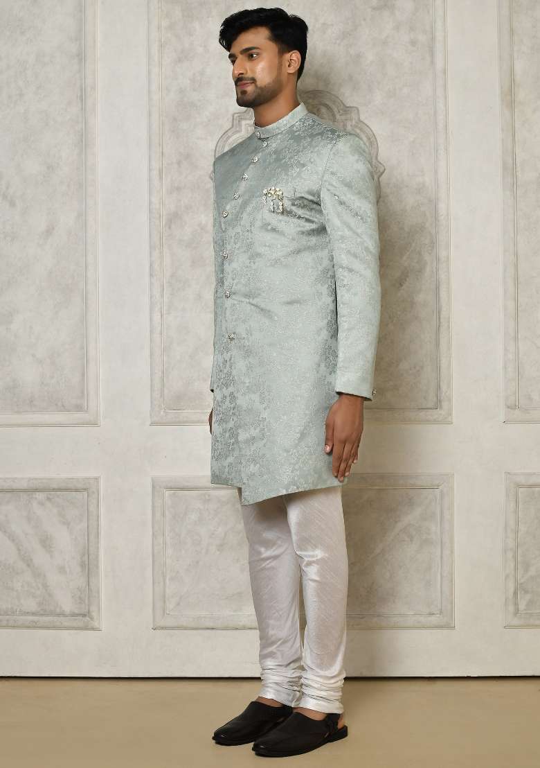 Grey Embroidered Jacquard Indo Western Sherwani Set For Men - Indya