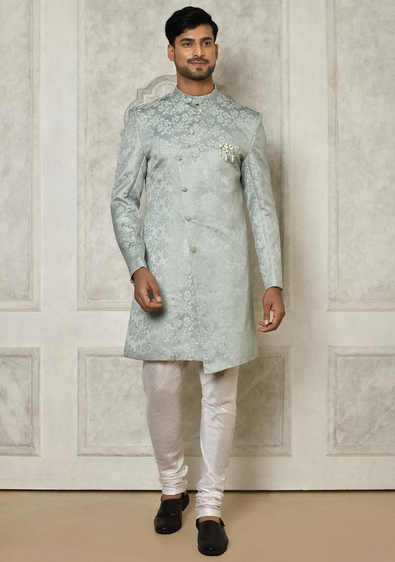 Grey Embroidered Jacquard Indo Western Sherwani Set For Men