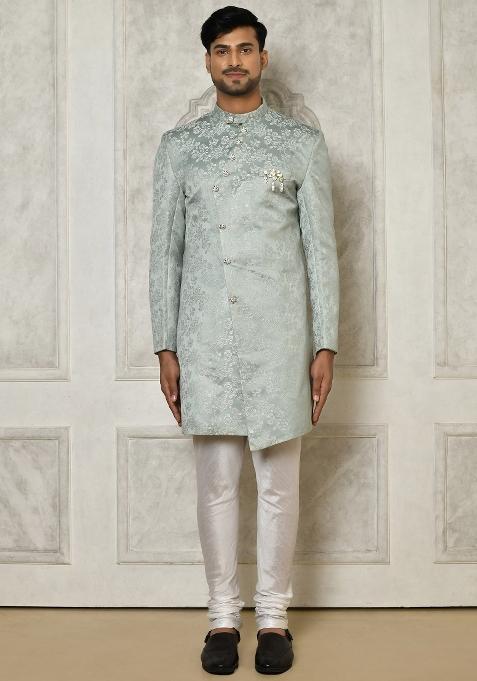 Grey Embroidered Jacquard Indo Western Sherwani Set For Men — view on Indya