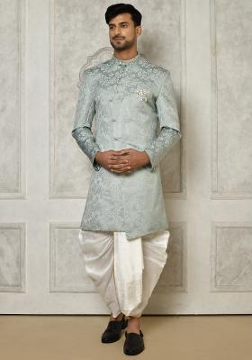 Grey Embroidered Jacquard Indo Western Sherwani Set For Men