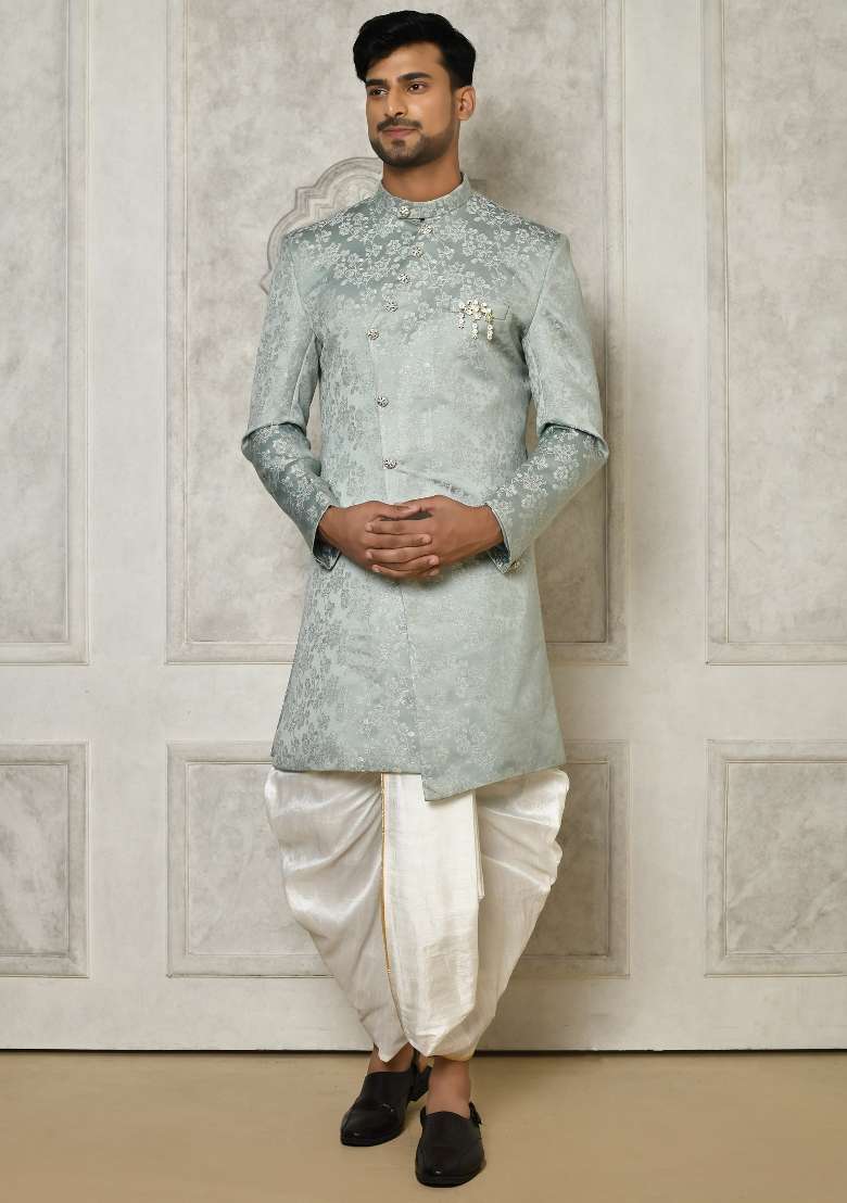 Grey Embroidered Jacquard Indo Western Sherwani Set For Men - Indya