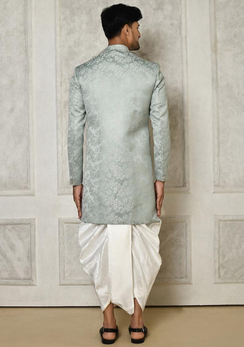 Grey Embroidered Jacquard Indo Western Sherwani Set For Men