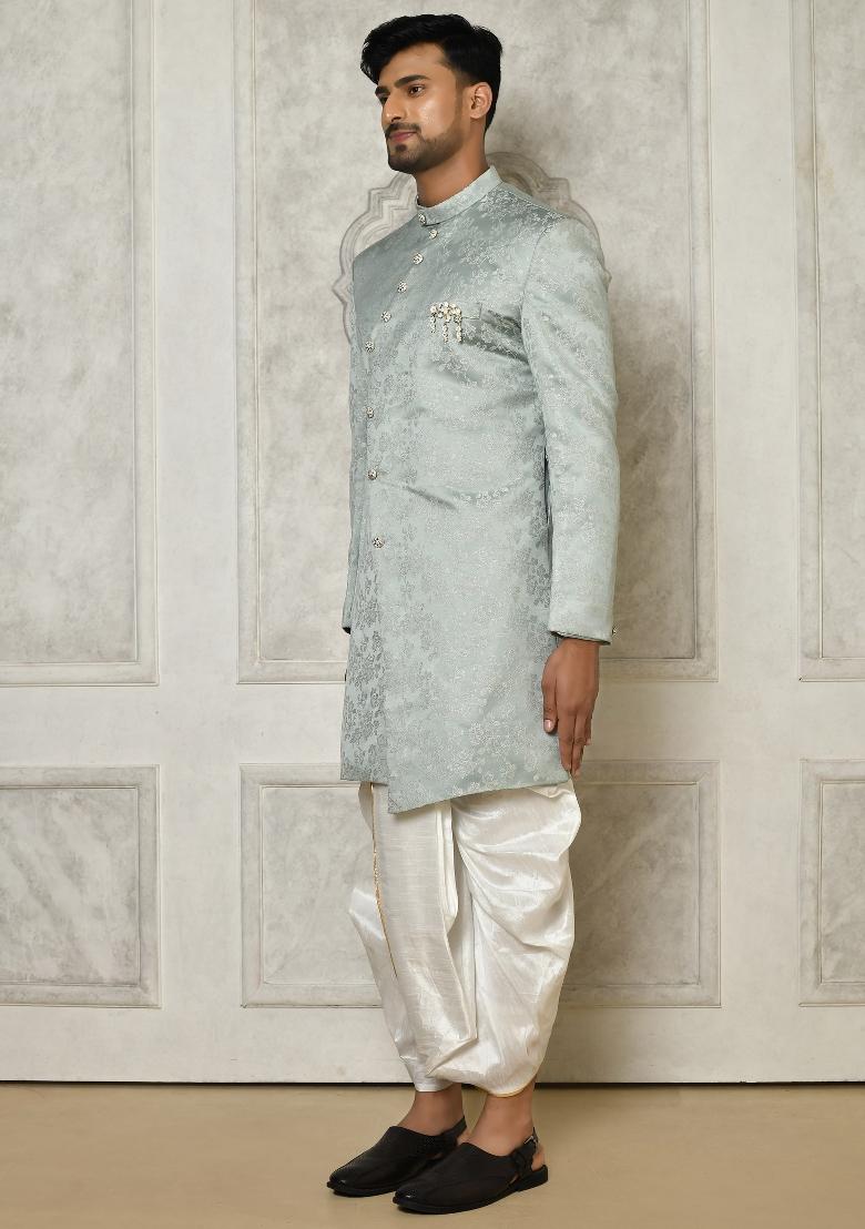 Grey Embroidered Jacquard Indo Western Sherwani Set For Men