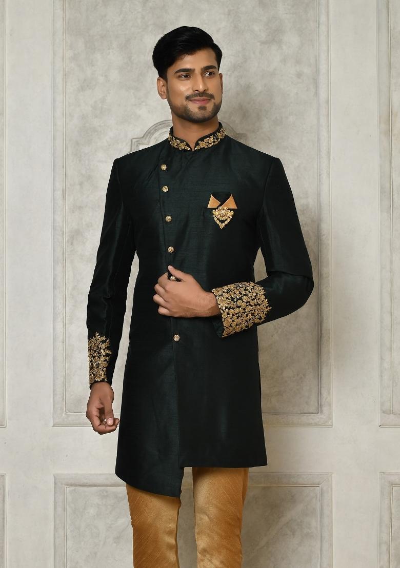 Bottle Green Embroidered Dupion Art Silk Indo Western Sherwani For Men