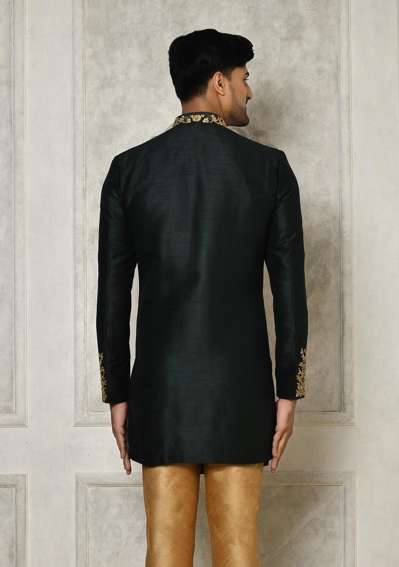 Bottle Green Embroidered Dupion Art Silk Indo Western Sherwani For Men