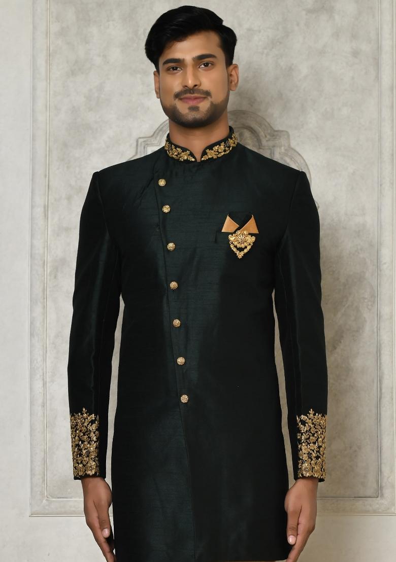 Bottle Green Embroidered Dupion Art Silk Indo Western Sherwani For Men
