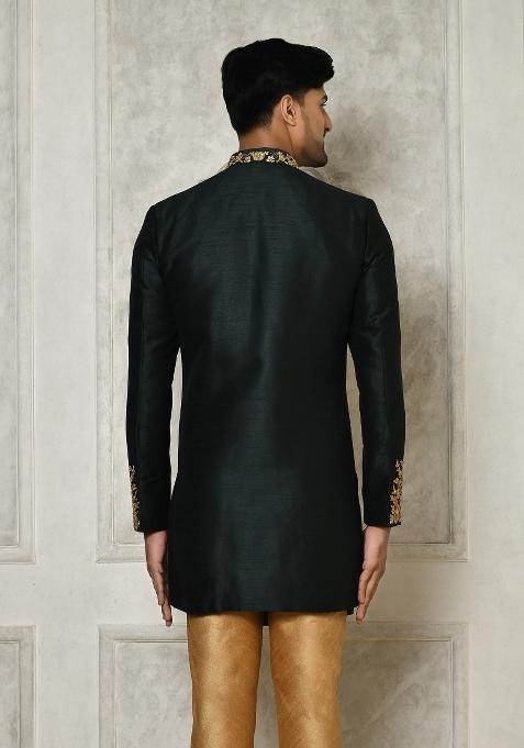 Bottle Green Embroidered Dupion Art Silk Indo Western Sherwani For Men