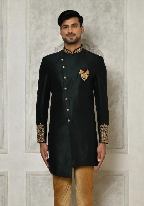 Bottle Green Embroidered Dupion Art Silk Indo Western Sherwani For Men