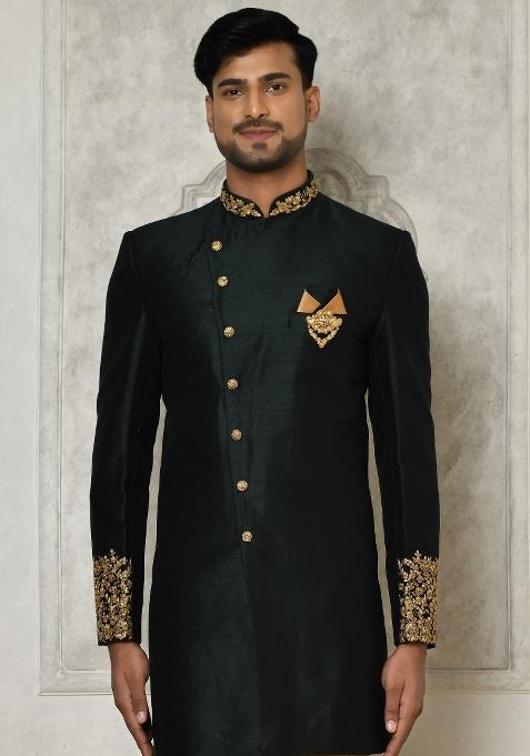 Bottle Green Embroidered Dupion Art Silk Indo Western Sherwani For Men