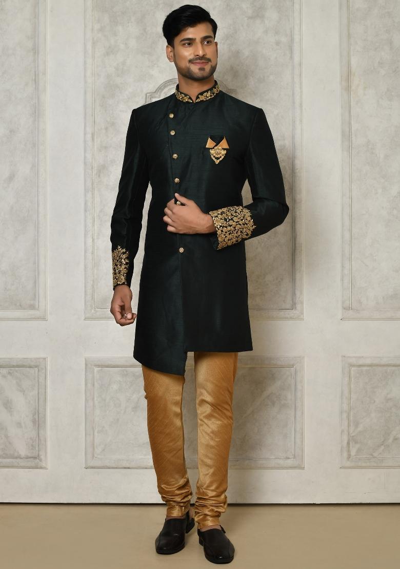 Bottle Green Embroidered Dupion Art Silk Indo Western Sherwani Set For Men