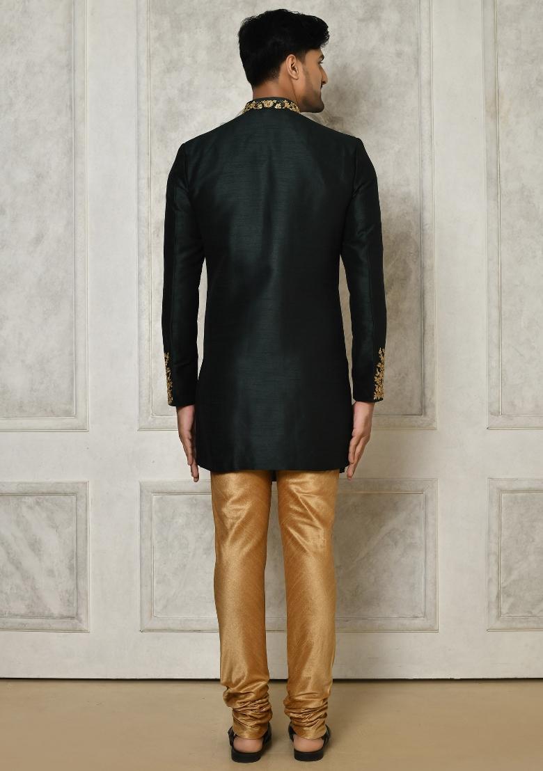 Bottle Green Embroidered Dupion Art Silk Indo Western Sherwani Set For Men