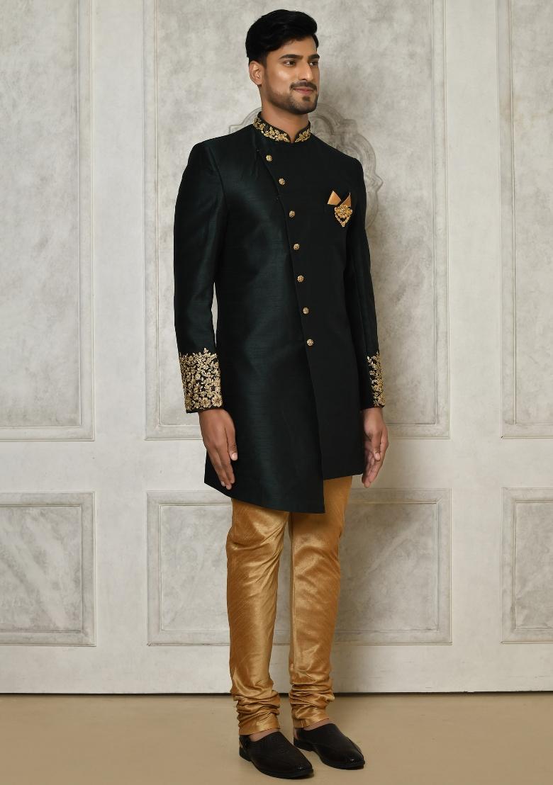 Bottle Green Embroidered Dupion Art Silk Indo Western Sherwani Set For Men