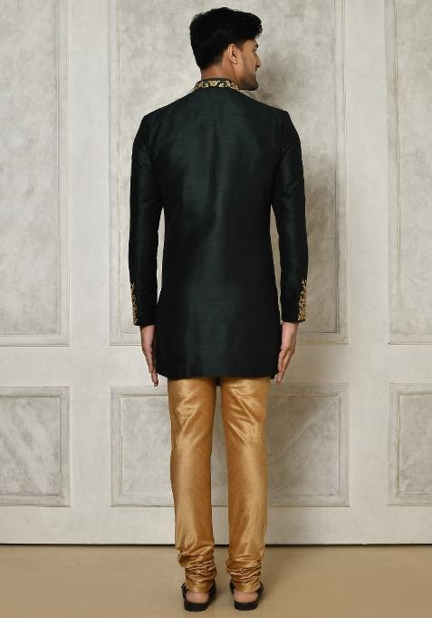 Bottle Green Embroidered Dupion Art Silk Indo Western Sherwani Set For Men