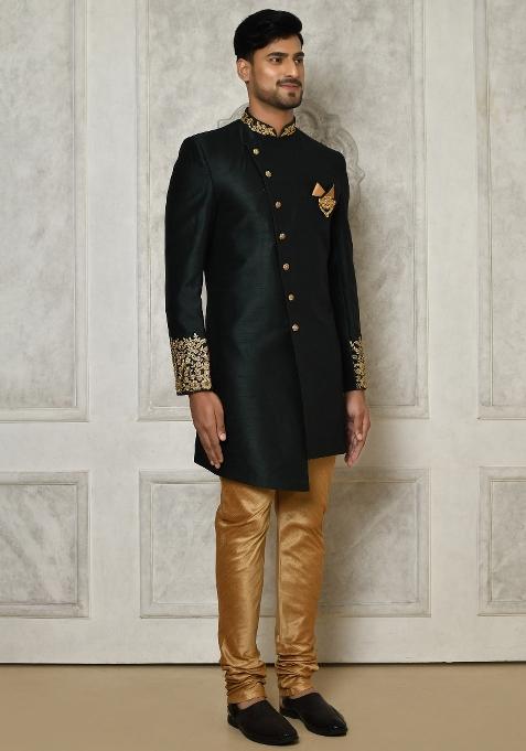 Bottle Green Embroidered Dupion Art Silk Indo Western Sherwani Set For Men