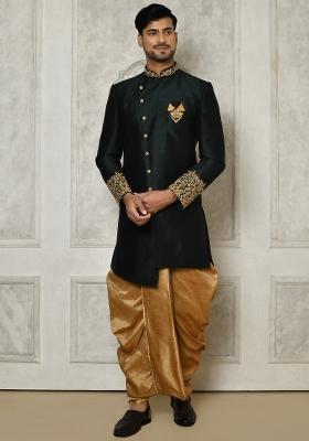 Bottle Green Embroidered Dupion Art Silk Indo Western Sherwani Set For Men