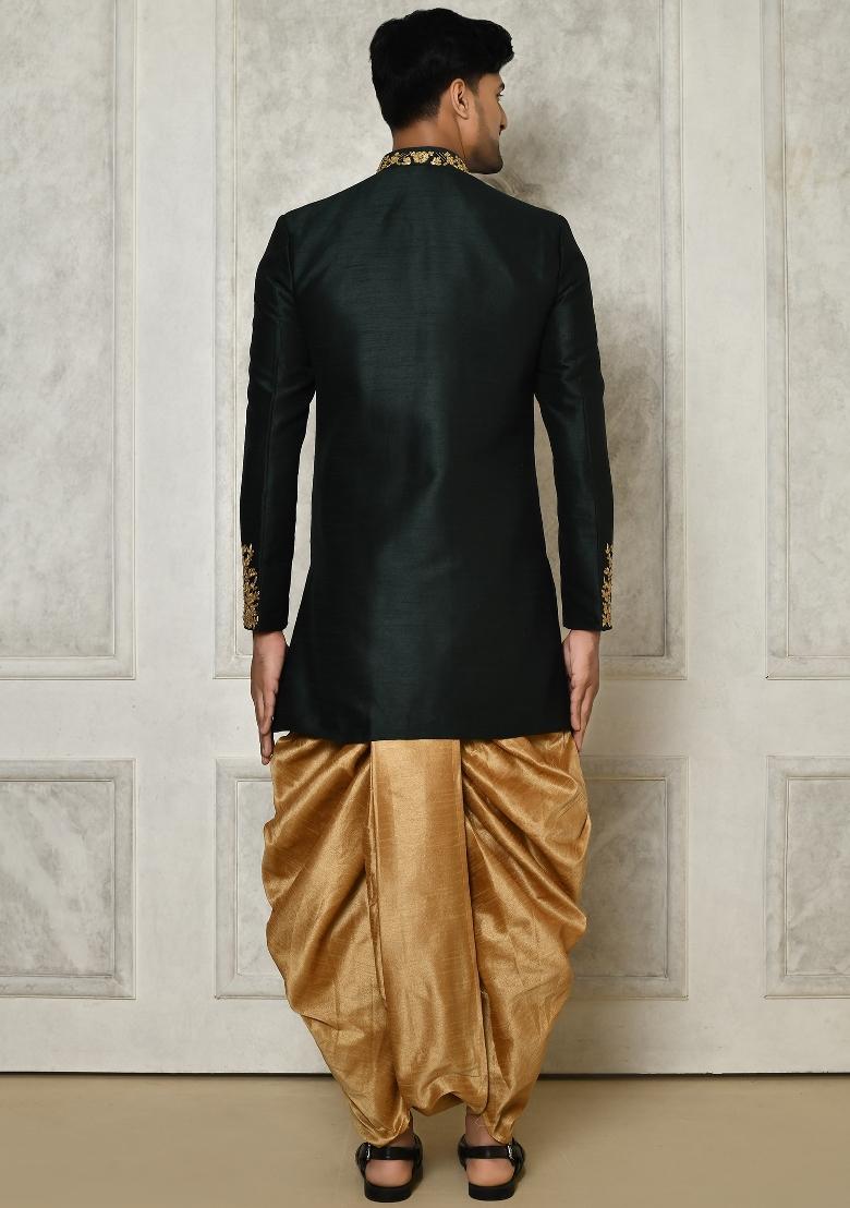Bottle Green Embroidered Dupion Art Silk Indo Western Sherwani Set For Men
