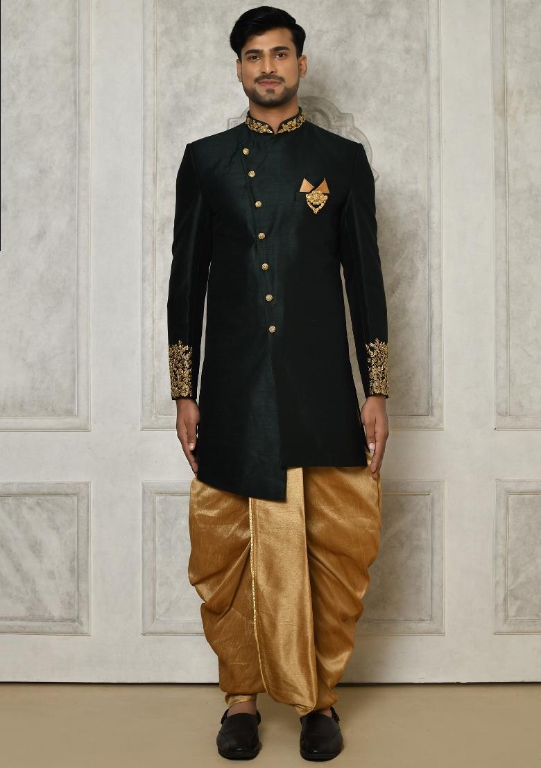Bottle Green Embroidered Dupion Art Silk Indo Western Sherwani Set For Men