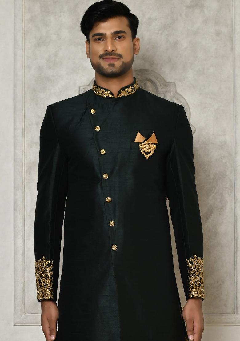 Bottle Green Embroidered Dupion Art Silk Indo Western Sherwani Set For Men
