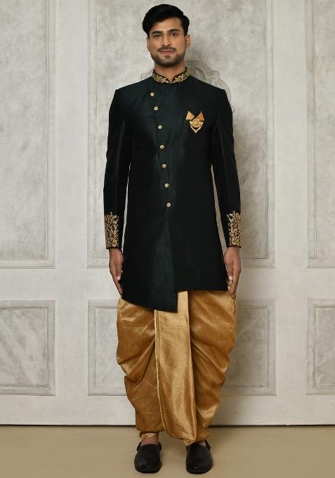 Bottle Green Embroidered Dupion Art Silk Indo Western Sherwani Set For Men