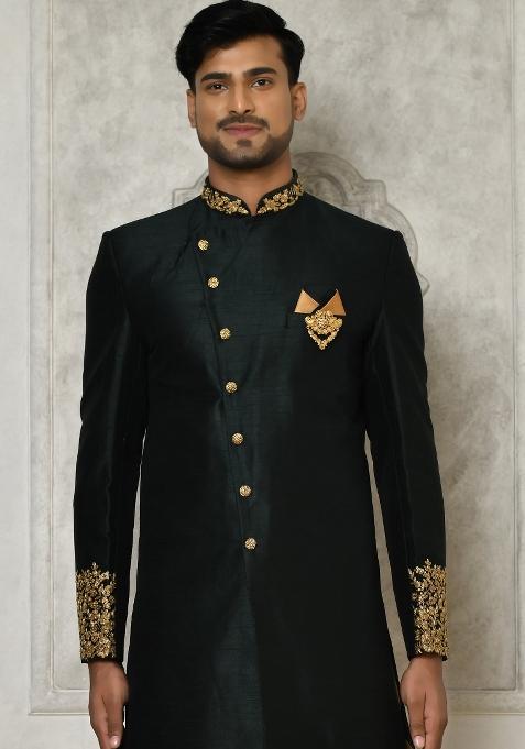 Bottle Green Embroidered Dupion Art Silk Indo Western Sherwani Set For Men