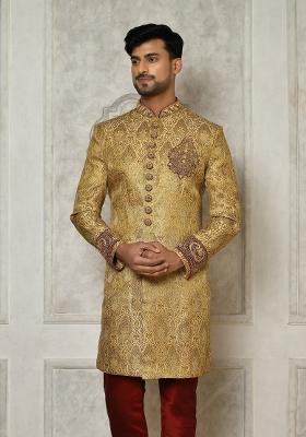 Gold Embroidered Jamewar Indo Western Sherwani For Men