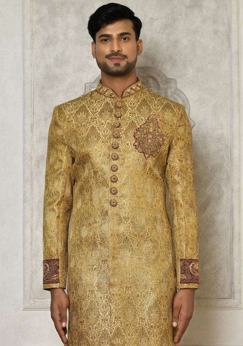Gold Embroidered Jamewar Indo Western Sherwani For Men