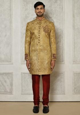 Gold Embroidered Jamewar Indo Western Sherwani Set For Men