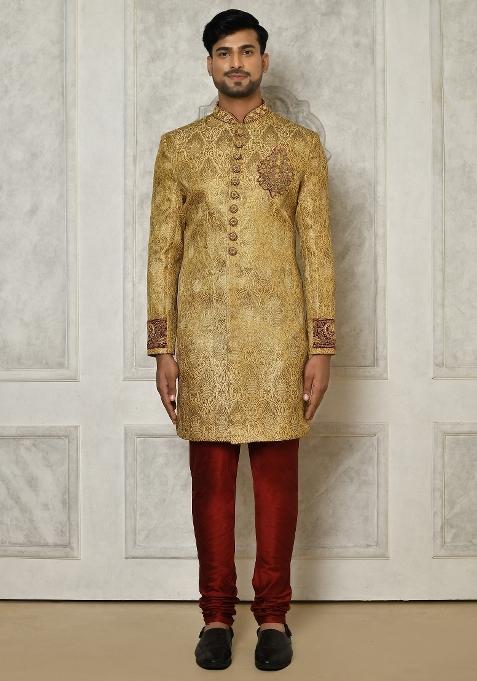 Gold Embroidered Jamewar Indo Western Sherwani Set For Men