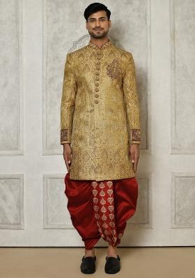 Gold Embroidered Jamewar Indo Western Sherwani Set For Men