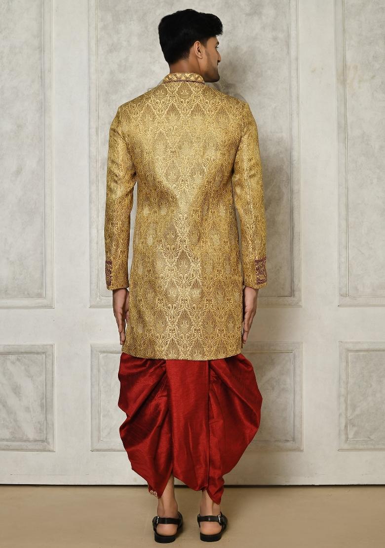 Gold Embroidered Jamewar Indo Western Sherwani Set For Men
