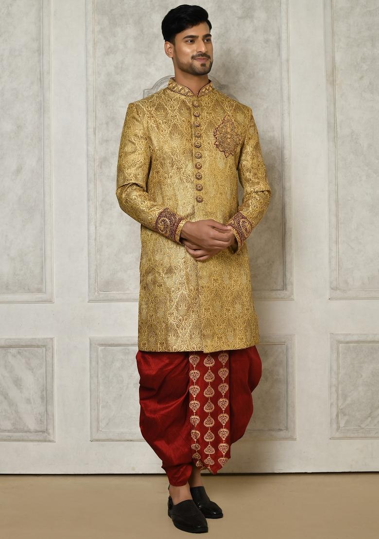 Gold Embroidered Jamewar Indo Western Sherwani Set For Men