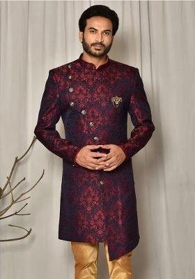 Red Embroidered Jacquard Indo Western Sherwani For Men