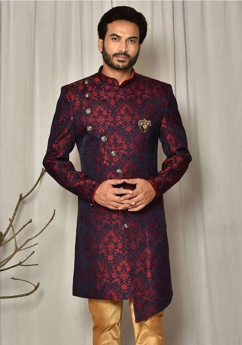 Red Embroidered Jacquard Indo Western Sherwani For Men - Indya