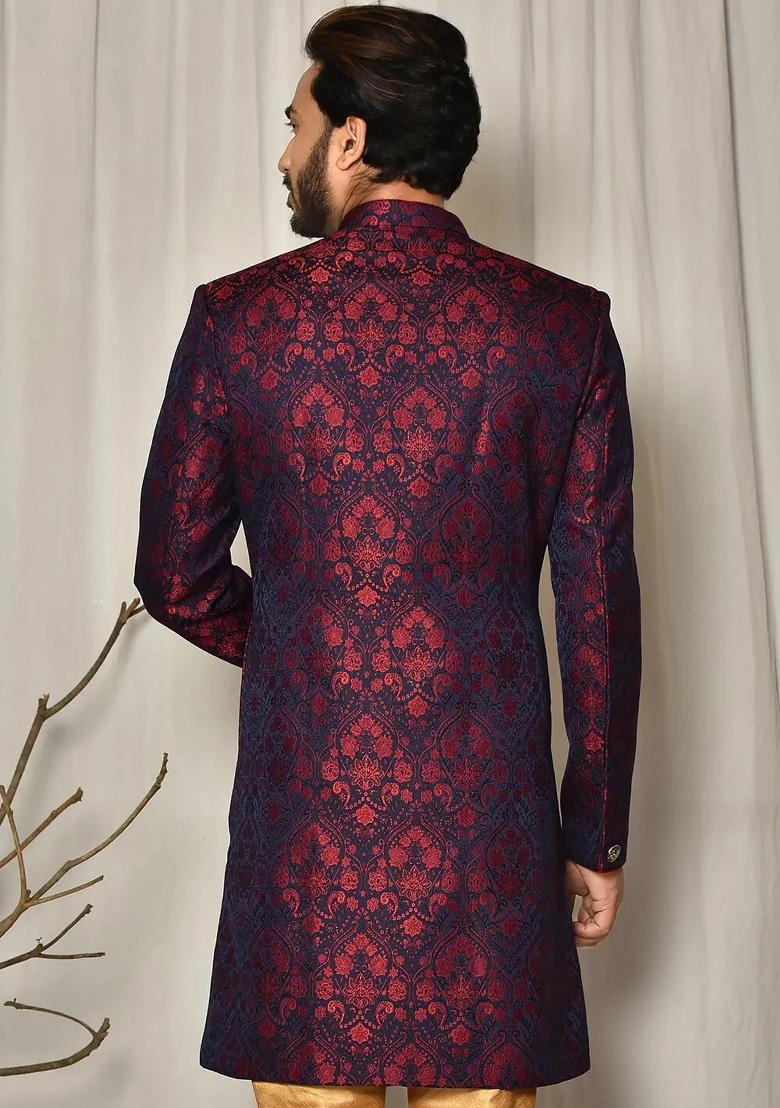 Red Embroidered Jacquard Indo Western Sherwani For Men