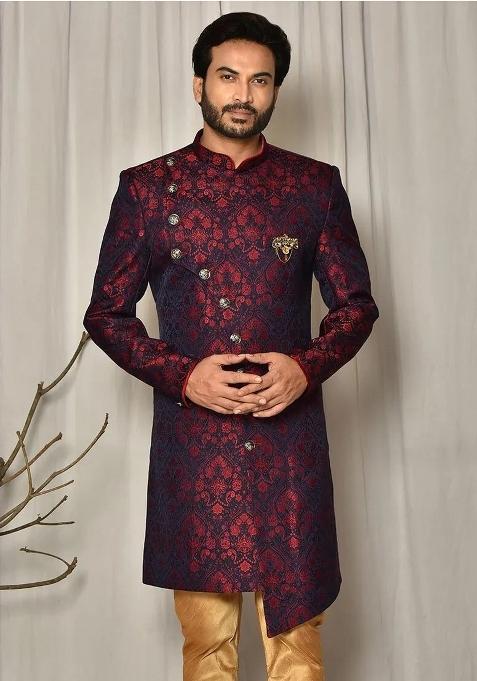 Red Embroidered Jacquard Indo Western Sherwani For Men — view on Indya