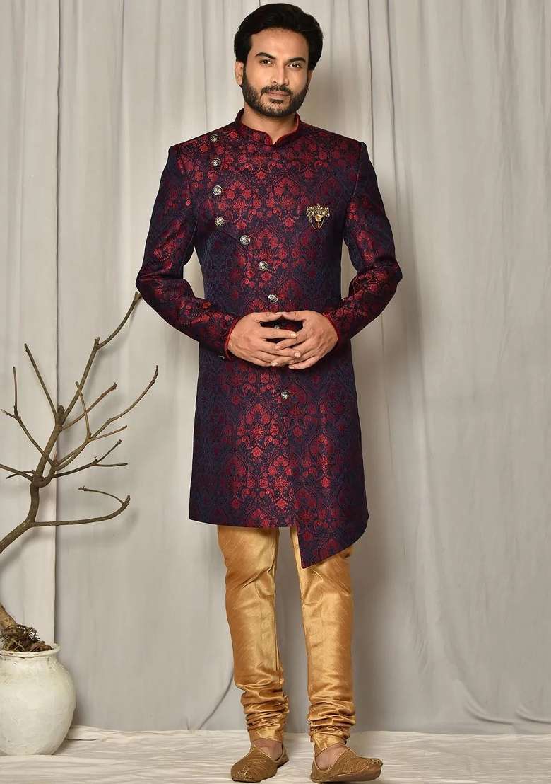 Red Embroidered Jacquard Indo Western Sherwani Set For Men - Indya