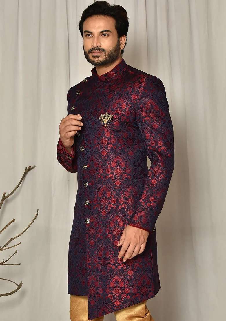 Red Embroidered Jacquard Indo Western Sherwani Set For Men - Indya