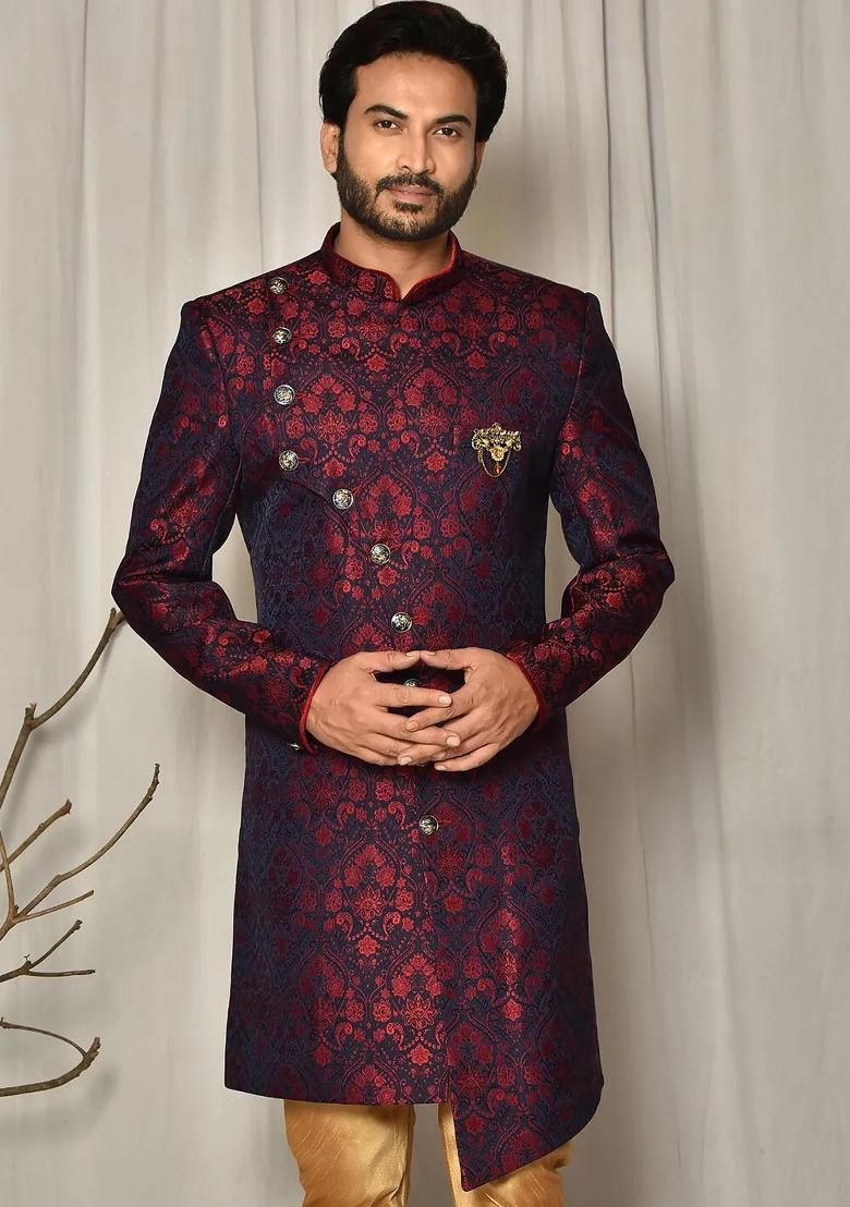 Red Embroidered Jacquard Indo Western Sherwani Set For Men