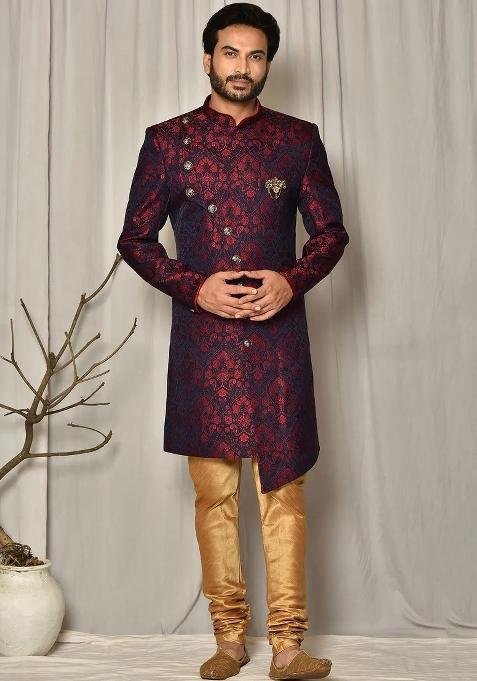 Red Embroidered Jacquard Indo Western Sherwani Set For Men — view on Indya